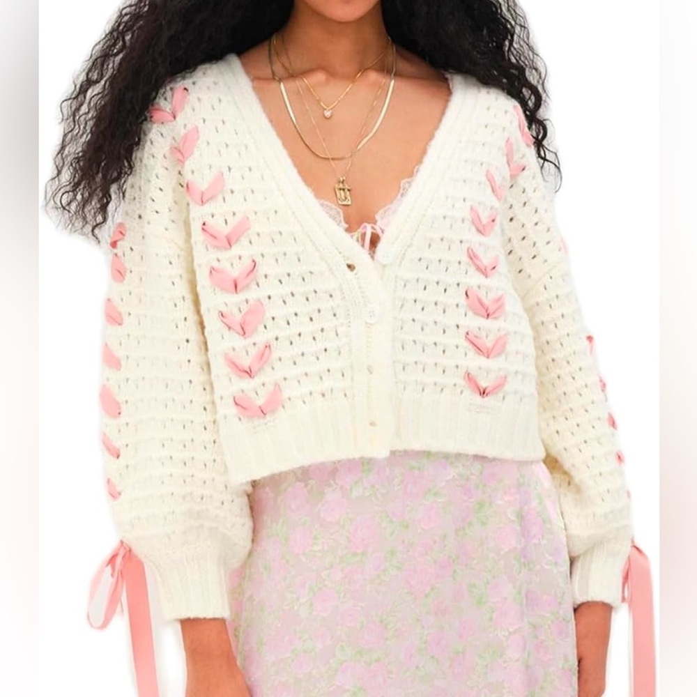 Ribbon Lace Up Bow Sweater- Button Down Knit Top, Medium